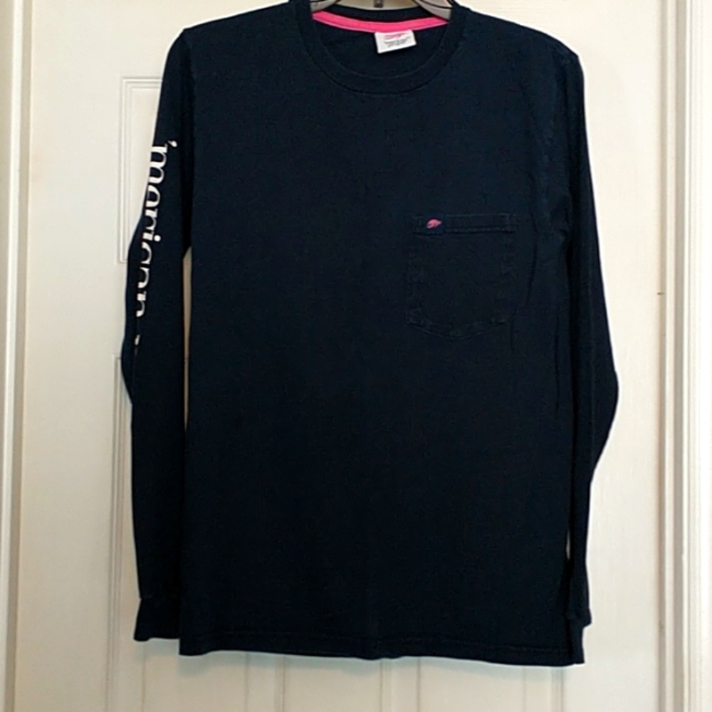 'Merican Proper, size small, blue long sleeve shirt
